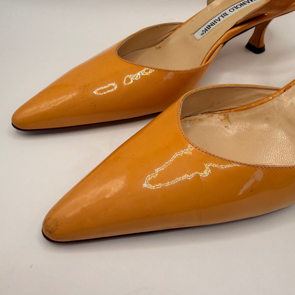 Manolo Blahnik Carolyne Orange Patent Leather Slingback Kitten Heels Size 36.5 - Picture 4 of 13